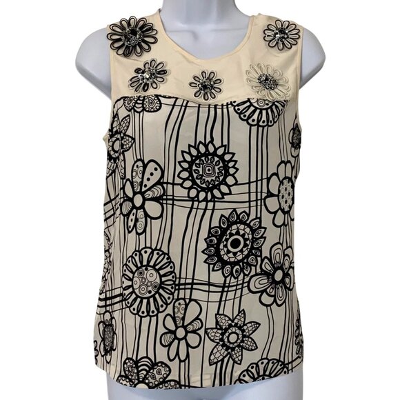 Raoul Womens 3D Floral Embellished Sleeveless 100% Silk Top Size 2 Ivory & Black - Picture 1 of 10